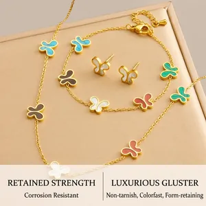 Detailed set of gold butterfly jewelry with colorful stone inlays on a display box