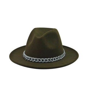 Detailed view of dark green wool fedora hat featuring a chunky grey chain link band decoration