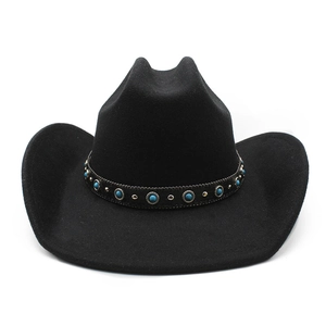 Western Cowboy Hat Retro Ethnic Felt Wide Brim With Turquoise Beads Silver Rivets Decor Sun Protection For Men Women