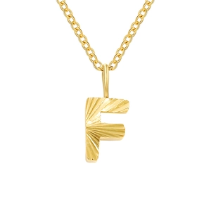 Golden capital letter F necklace with sunray texture engraving on a stainless steel chain