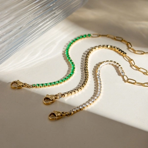 18k gold plated stainless steel tennis bracelets with green, gold and white crystals