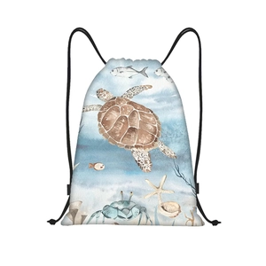 Macro detail of nautical sea turtle print and thick black drawstring on oxford fabric bag