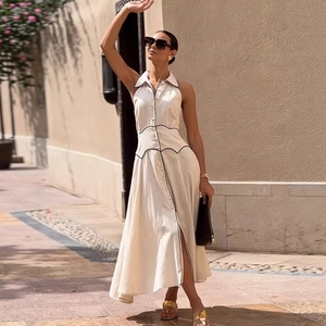 Robe Longue Sans Manches Femme Polyester Boutonnage Simple Passepoil Contrasté Col À Revers Élégante Chic Sophistiquée