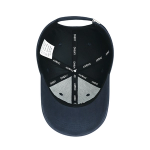 Interior view of navy blue cotton baseball cap with embroidered branding and wash labels