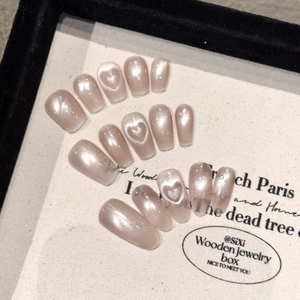 Handmade Press On Nails Pink Cat Eye Heart Magnetic Shimmer Glitter Reusable Elegant False Nails For Women