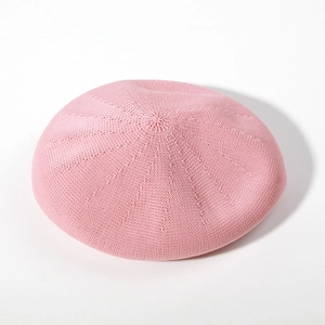 Breathable pink knitted linen beret hat with textured weave pattern for women