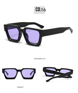 Detail view of square sunglasses featuring thick black frames and purple lenses from multiple angles