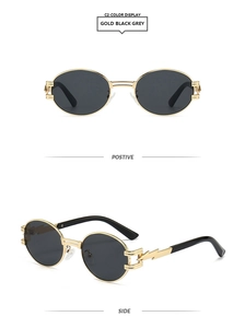 Detailed front and side views of gold oval metal frame sunglasses with dark grey lenses