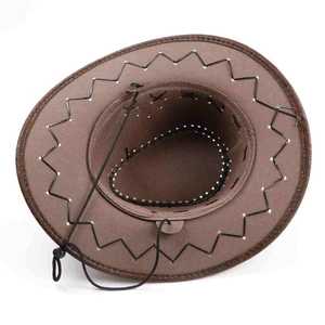 Detail of vintage brown cowboy hat with zigzag stitching and adjustable chin strap
