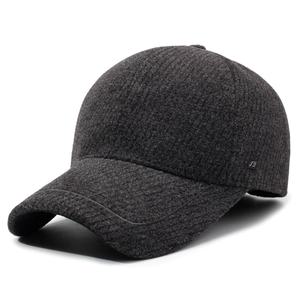 Men's winter baseball cap in dark gray wool fabric with ear protection and metal logo