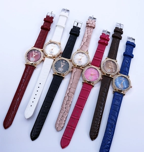 Fashion women quartz watches with rhinestone bezels in seven colorful leather strap options