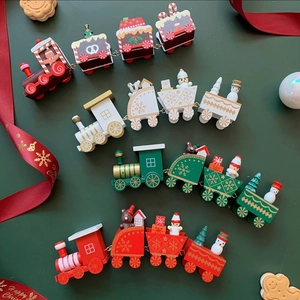 Wooden Christmas Train Ornaments Painted Snowman Bear Tree For Tabletop Window Holiday Home Decor Gift