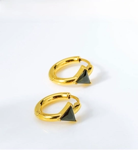 Detail of titanium steel gold hoop earrings with black triangle pendants and zircon inlay