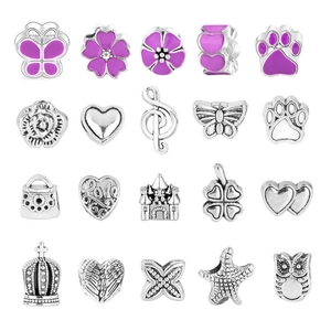 Detailed collection of silver DIY charm beads featuring purple enamel butterfly and heart designs