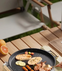 Detailed view of thickened aluminum Korean BBQ grill pan with non-stick maifan stone coating
