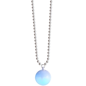 Macro shot of white beaded necklace with a glowing blue LED disco ball pendant charm