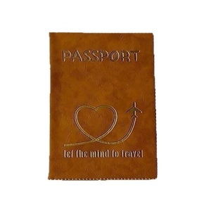 Brown leather passport holder with gold heart foil and let the mind to travel text