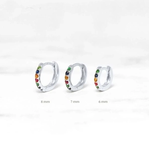 Rainbow cubic zirconia s925 silver hoop earrings in 6mm, 7mm and 8mm sizes