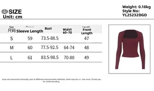 Tabella taglie dettagliata per top a maniche lunghe slim fit con scollo a quadrato