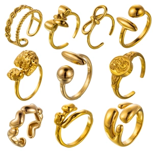 Retro Stainless Steel Gold Plated Open Ring For Women Elegant Butterfly Bow Geometric Irregular Adjustable Fashion Finger Ring