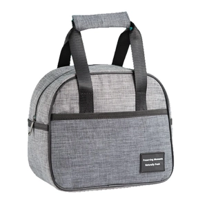 Gray cation thermal insulated lunch bag with black handles and top zipper closure