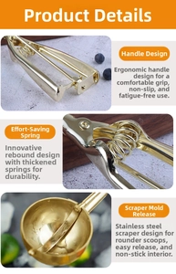 Detail of ergonomic handle, heavy-duty spring and scraper on stainless steel scoop