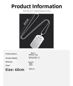 Macro detail of silver titanium steel dog tag pendant with engraved poem and 60cm chain
