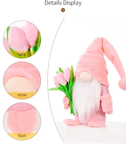 Close-up display of plush gnome details showing tulip prop, nose and fabric texture