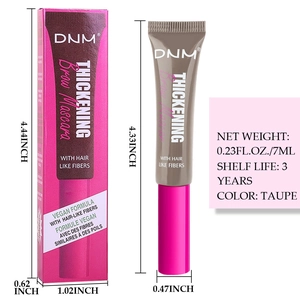 TAUPE brow mascara with hair-like fibers in pink packaging showing detailed dimensions