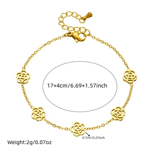 Golden stainless steel chain bracelet featuring hollow rose flower pendants and lobster clasp
