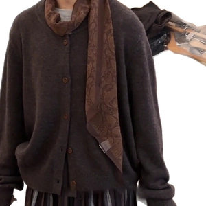 Brown knitted cardigan featuring a matching paisley pattern fabric scarf necklace accessory