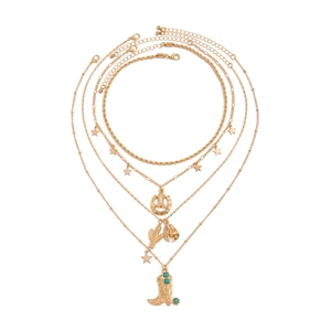 5-layer gold Western necklace set featuring cactus, cowboy hat, boots, and horseshoe charms