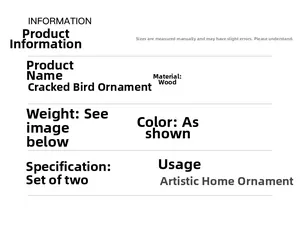Detailed specifications for wood crackle bird ornaments in a set of two for home decor