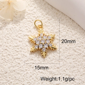 Detailed view of 20mm gold snowflake pendant with zircon inlay showing dimensions and weight