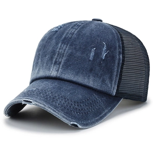 Vintage dunkelblaue gewaschene Denim Ponytail Baseballkappe mit Mesh-Detail im Used-Look
