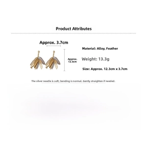 Detailed view of bohemian feather drop earrings with vintage gold alloy and silver pins