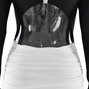 Detail of back cutout and metal clasp on a contrast ruched bodycon dress