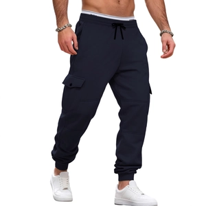 Men's heavyweight fleece cargo joggers in navy blue with drawstring waist and side pockets
