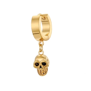 Detail view of a gold punk skull pendant earring with a metallic finish and drop design