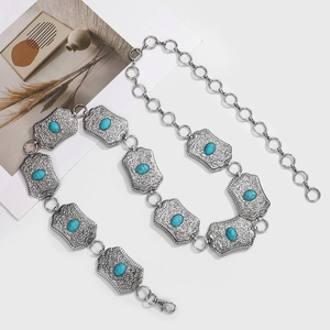 Bohemian silver waist chain featuring turquoise stones on a clean white background