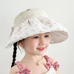 Chapeau De Soleil Enfant Floral Dentelle Visière Protection UV Respirant Été Extérieur Plage Nœud Filles Vacances