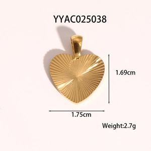 Detailed view of heart-shaped gold stainless steel pendant with radial texture and dimensions