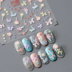 Close-up of 3D embossed nail stickers featuring floral and butterfly macaron patterns