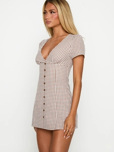Brown plaid slim fit mini dress with V-neck and button details for women