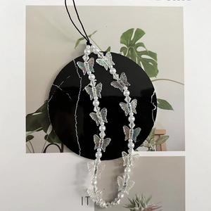Colorful iridescent butterfly beads and white pearls phone charm wrist strap for women