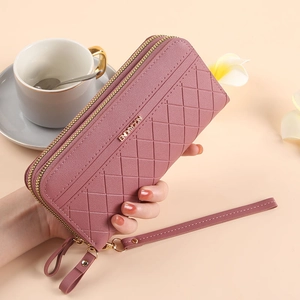 Women Long Wallet PU Leather Quilted Rhombus Pattern Zippered Various Card Slots Clutch Bag With Wrist Strap Simple Fashion