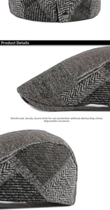Macro detail of dark grey herringbone wool texture and adjustable brim on beret cap
