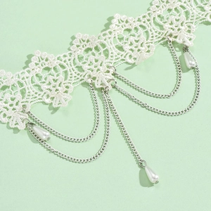Minimalist multi-layer lace choker necklace with silver chains and pearl pendants