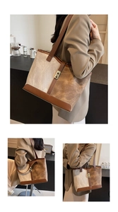 French retro canvas tote bag with brown PU leather trim and metal lock shown on a model