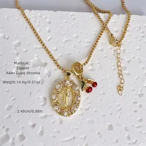 18K gold plated copper necklace with religious pendant, AAA+ cubic zirconia and cherry charm